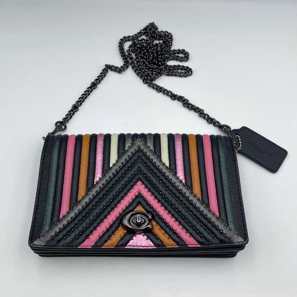 Coach foldover chain Clutch leather colorblock quilting rivets crossbody bag - Picture 1 of 15